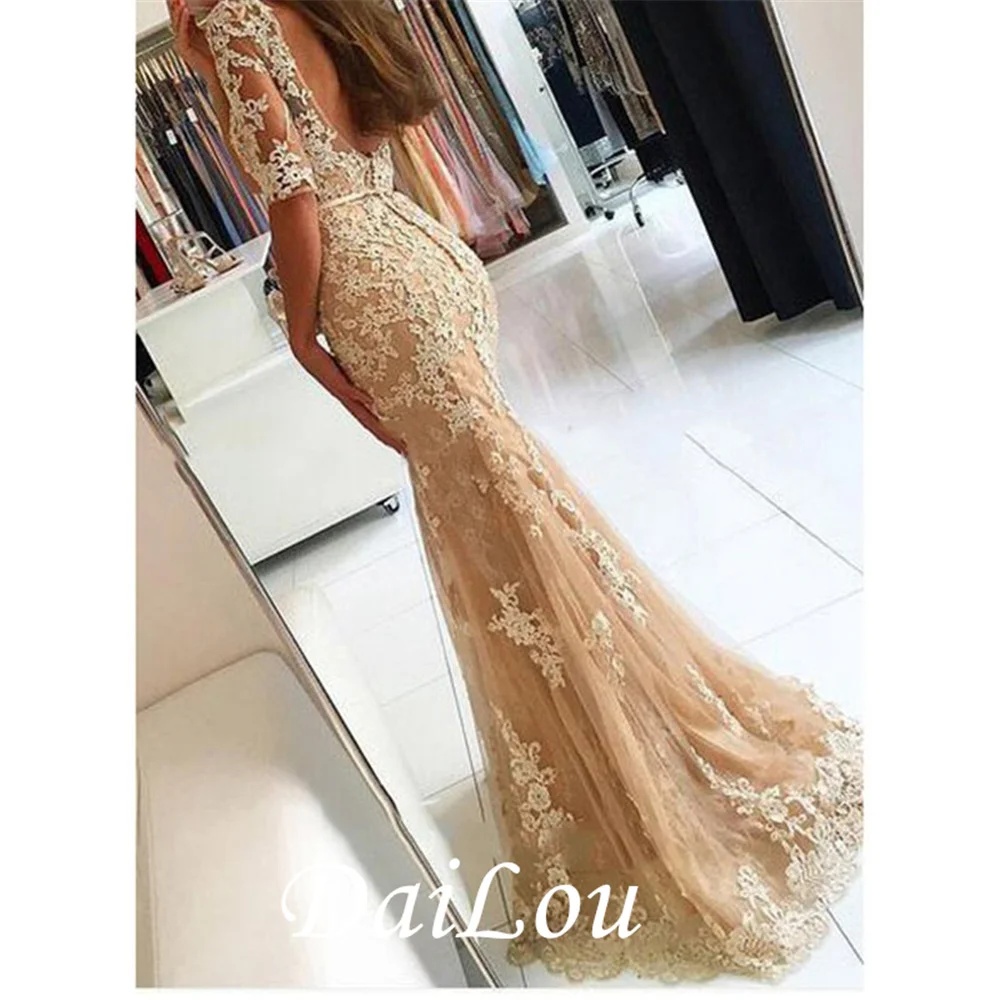 Trumpet Floor-Length Bateau Backless Half Sleeves With Appliques  Evening Dress 2021