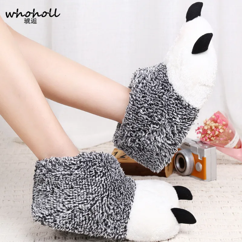 

WHOHOLL Winter Warm man women Home slippers Animal panda Paw Plush Slippers female Thermal Soft Cotton indoor house shoes