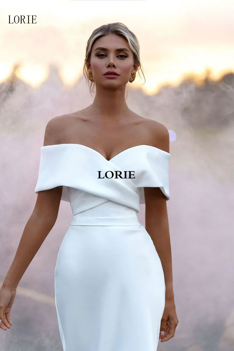 LORIE Simple And Clean Satin Mermaid Wedding Dress Off Shoulder Bride Dresses With Detachable Train Princess Wedding Party Gowns