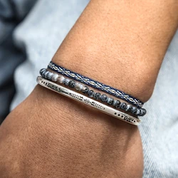 Vintage Silver Color Men's Bracelet Set Natural Lava Stone Energy Beads Bangle Tibetan Handmade Weave Knot Rope Jewelry Gifts
