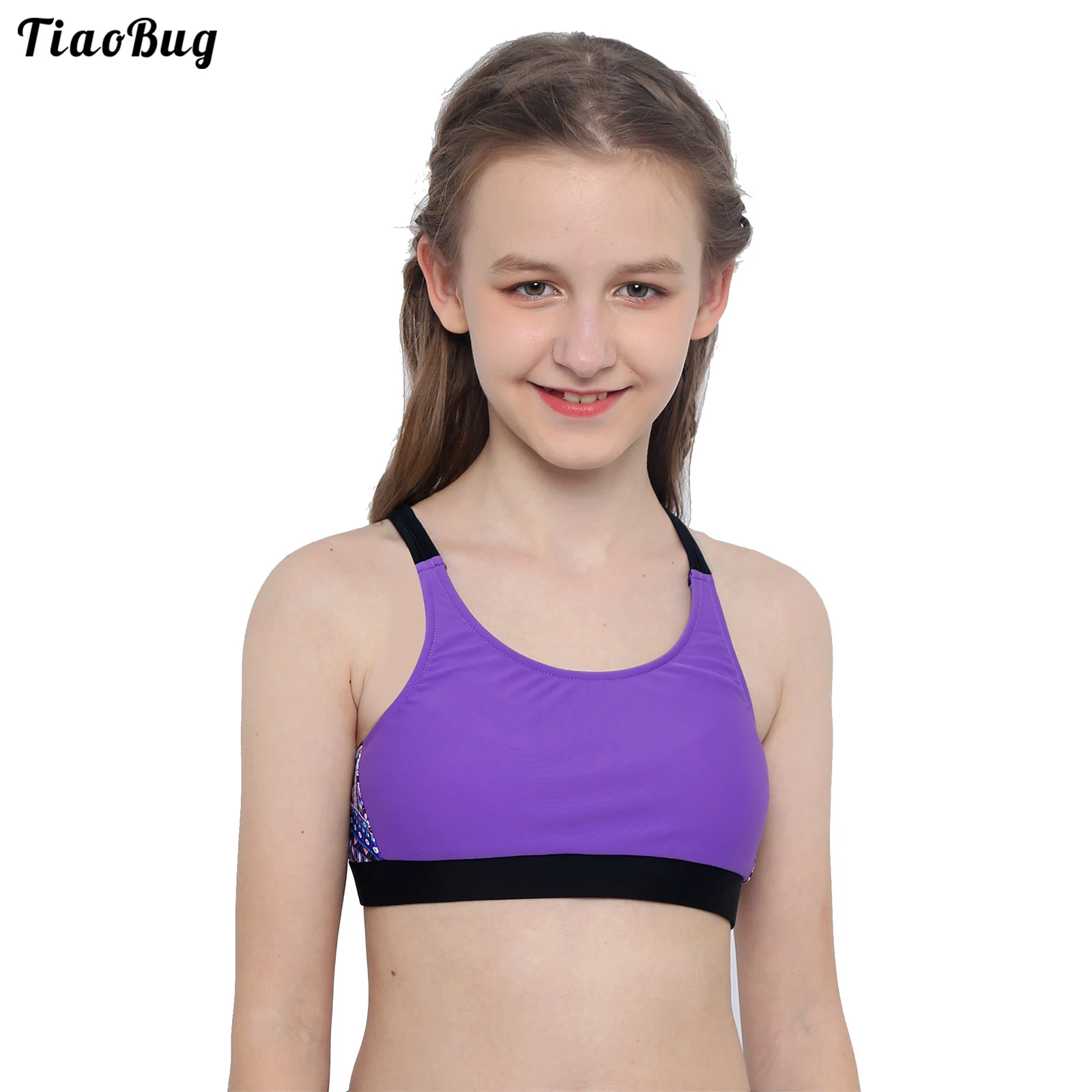 TiaoBug 4-16 Years Summer Kid Girls U Neckline Sleeveless Print Crop Top Backless Straps Criss Cross Back Top For Gym Activewear