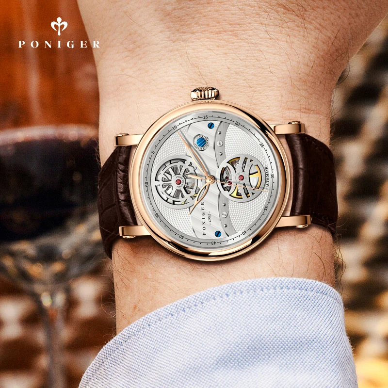 PONIGER الفاخرة حزام من الجلد الطبيعي الرجال ساعة اليد الهيكل العظمي التلقائي ساعة ميكانيكية الياقوت الزجاج مقاوم للماء 50 متر ساعة رجالية