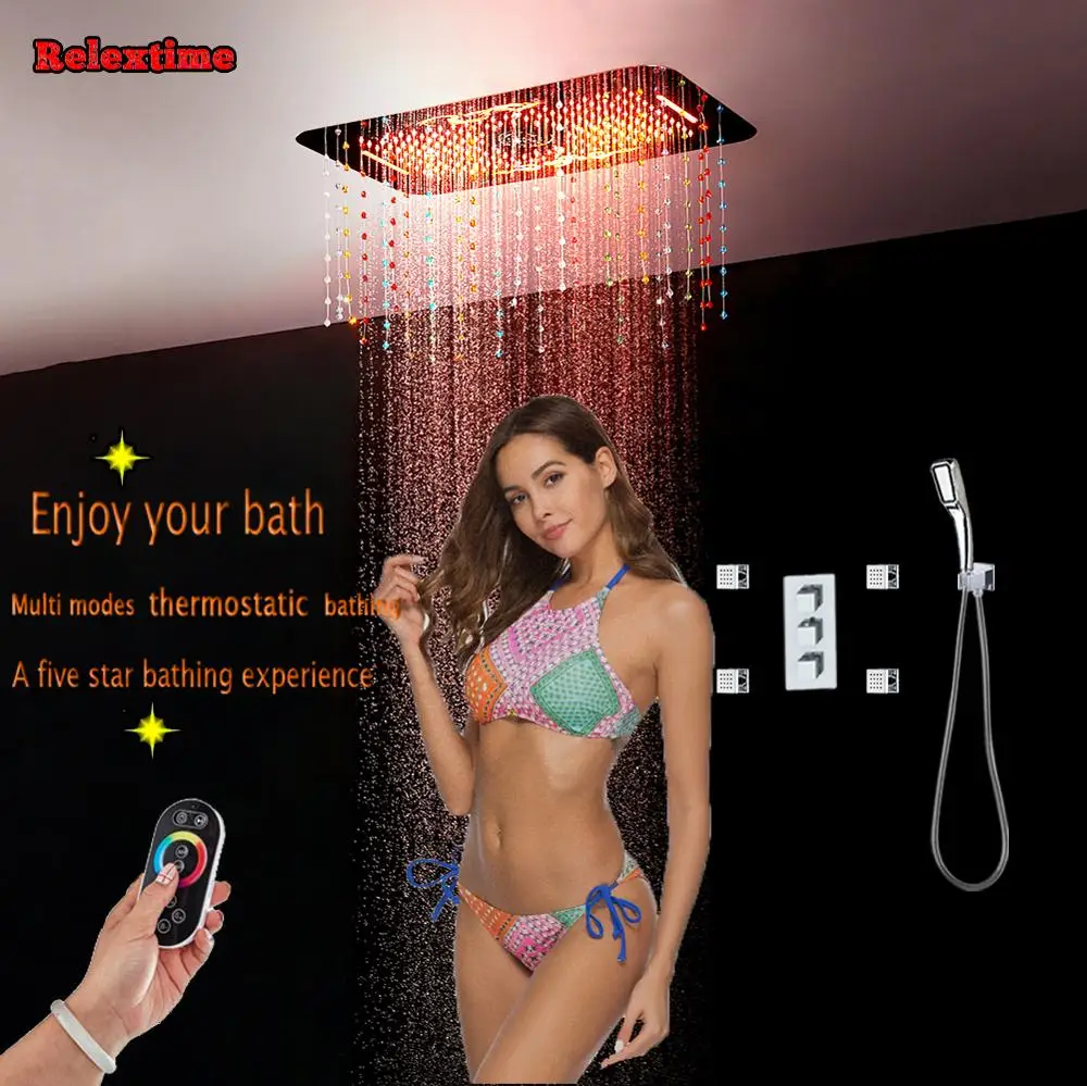 

Crystal Pendant LED Ceiling Overhead Rain Shower Massage Spray Mist Bathroom Concealed Thermostatic Ducha Shower Faucet Batidora