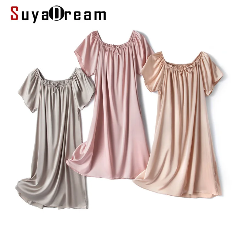 Suyadream mulher seda sleepdress seda real mini comprimento vestido de dormir 2021 bat mangas nightgrowns champanhe rosa