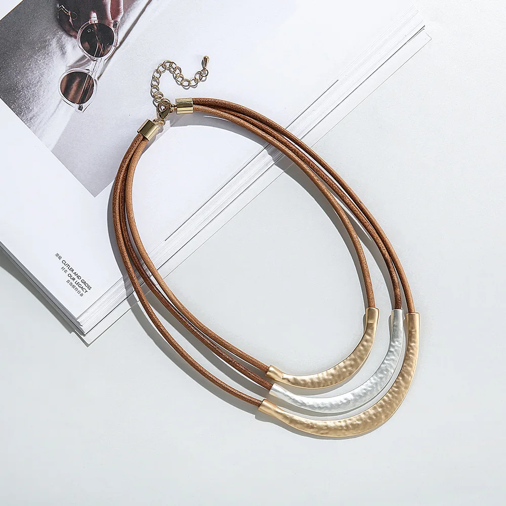 Punk Multilayer Leather Chain Short Necklace Ladies Simple Exaggerated Geometry Mix and Match Thickness Necklace Jewelry
