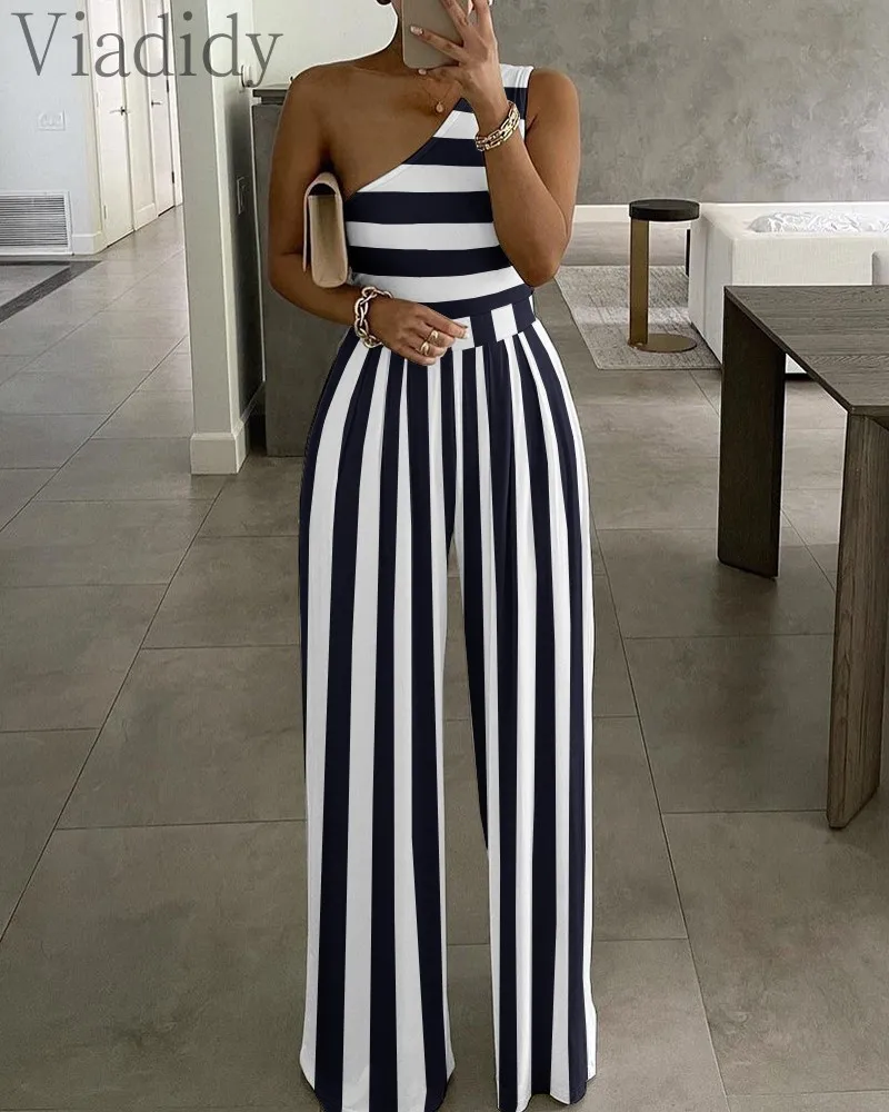 

Women Single Shoulder Stripes Print High Waist Jumpsuit