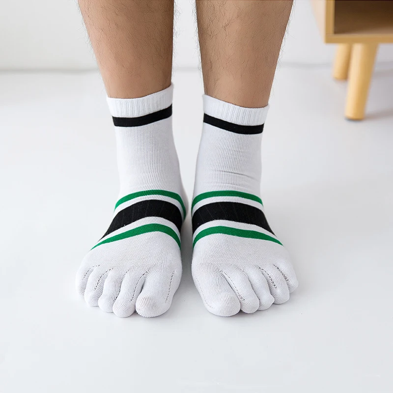 5 Pairs Mans Short Socks With Toes Pure Cotton Striped Business Young Street Fashion Colorful Five Finger Happy Socks Sokken