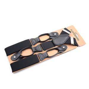 Suspensórios de couro preto vintage para homens, aparados em Y, cintas elásticas ajustáveis, correia, extremidade do botão, largura de 3,5 cm 10 principais vendas suspensorio botão - №9