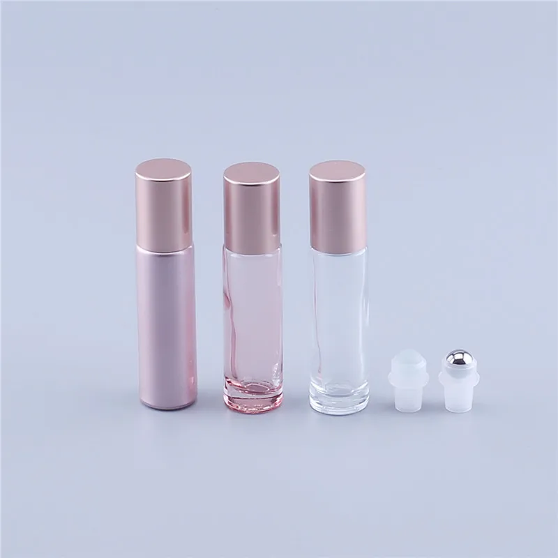 1000pcs 10ML Thick Pink Glass Roll On Bottle Empty Perfume Essential Oil Vial With Stainless Steel Roller Ball