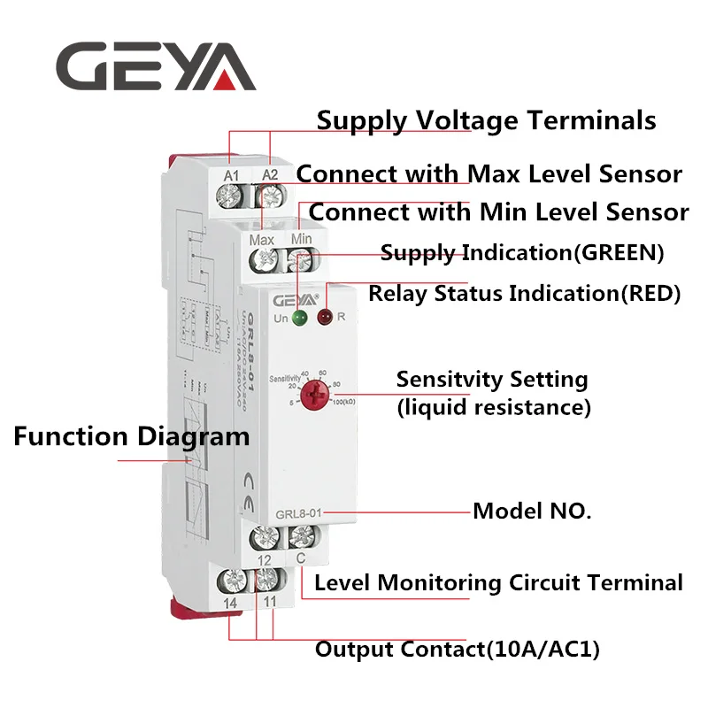 GRL8 Water Level Relay Electronic Liquid Level Controller 10A AC/DC24V-240V Liquid Level Control Relay Din Rail