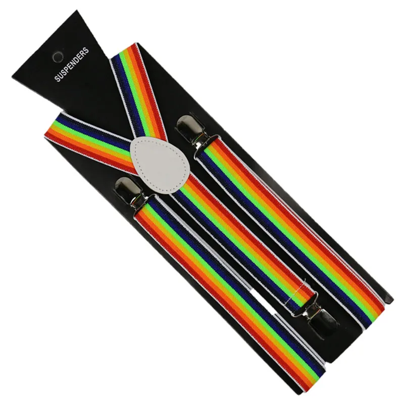 Huobao Baru Fashion2.5cm Lebar Rainbow Multicolor Adjustable Clip-On Y Kembali Elastis Suspender untuk Pria dan Wanita