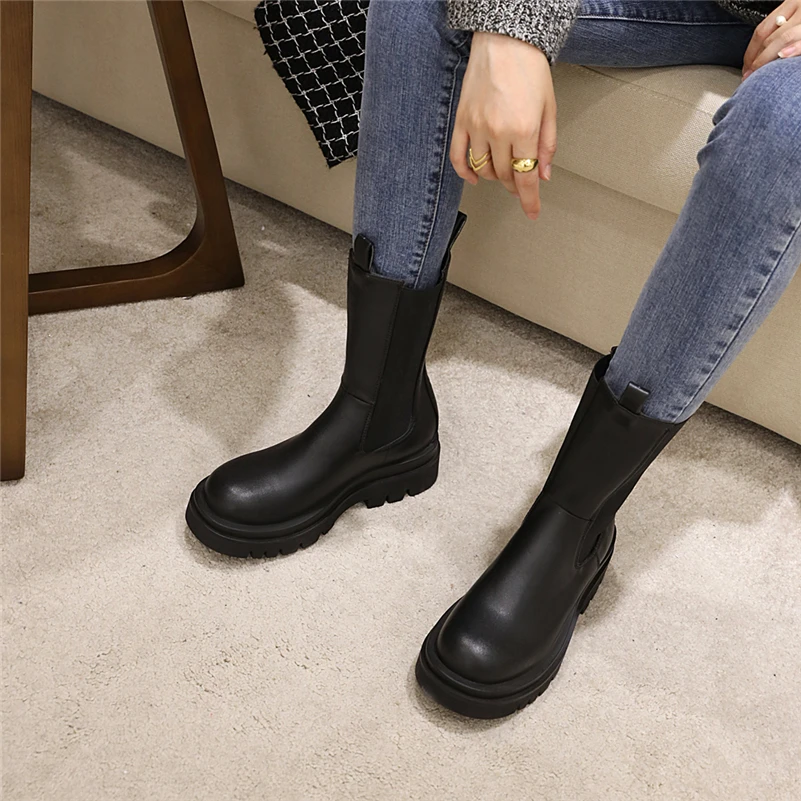 Meotina Women Fashion Med Calf Boots Platform Flat Shoes Slip On Round Toe Ladies Boots Flats Shoes 2021 Autumn Winter 43 Brown