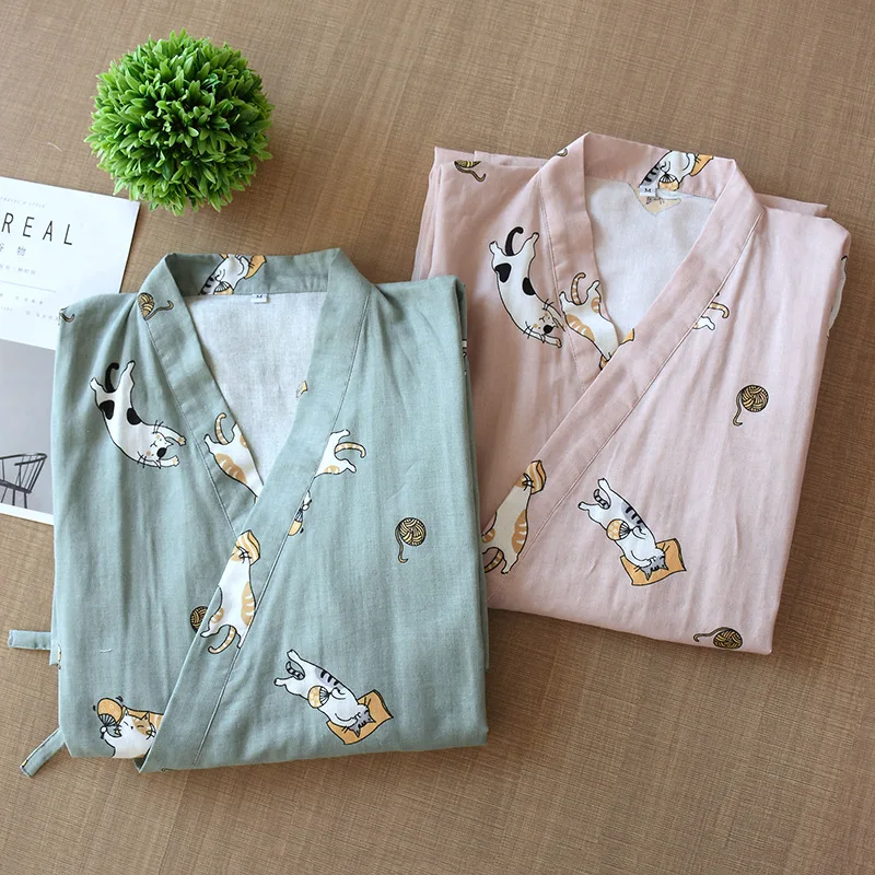 NHKDSASA 2021 New Women's 100% Cotton Gauze Cute Robe Loose SPA Yukata Japanese Kimono Pajamas Robe V-Neck Pajamas Bathrobe