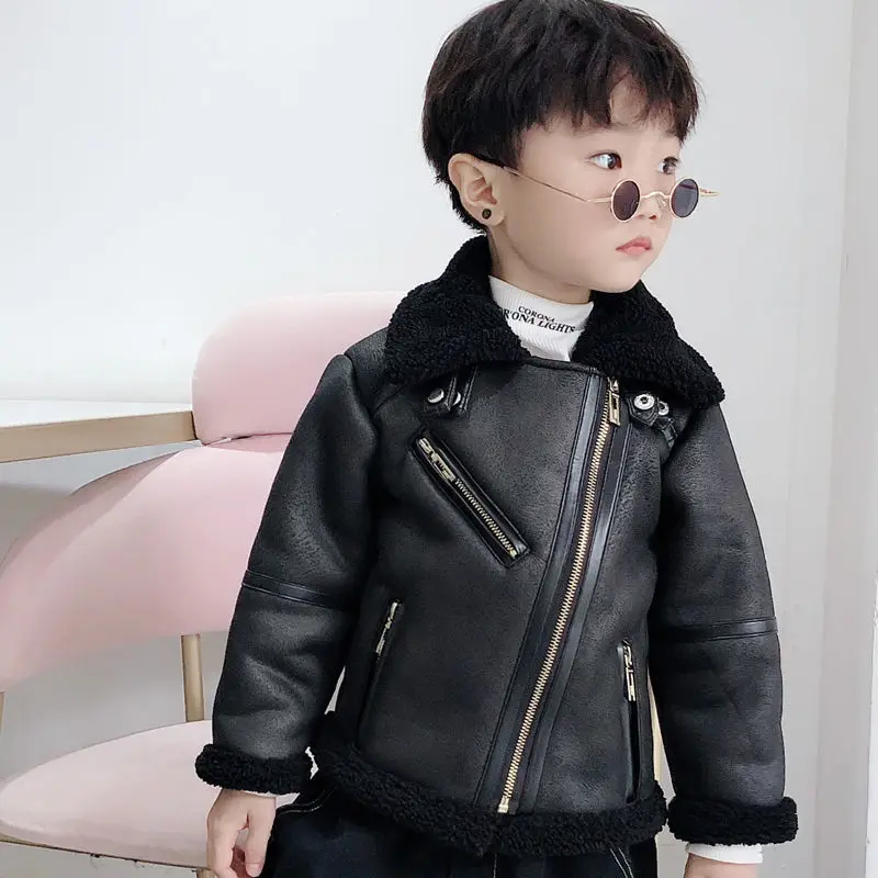 2024 Autumn Winter Fashion Baby Faux Leather Boys Jacket Fleece Thicken Warm JacketS Boys Coats Kids Casual New Outerwear D239