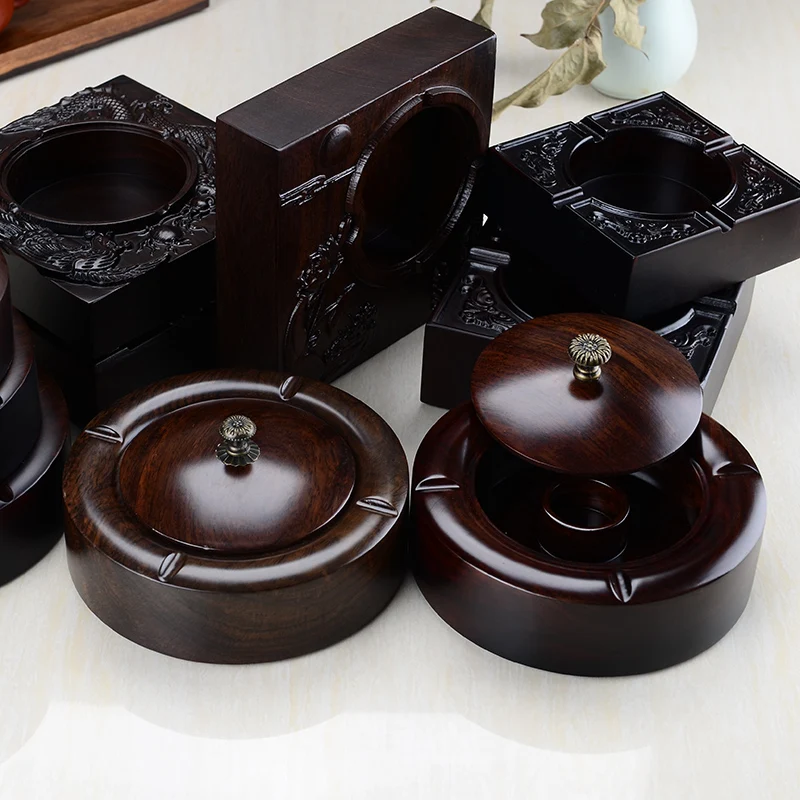 High-end Chinese Ebony Ashtray with Lid Have a slot out smoke Large Creative Wood Living Room Gift Office Q-210