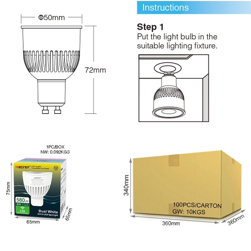 6W GU10 Dual White LED Spotlight 220V Wireless Control Smart Adjustable Brightness Bulb;2.4G Wifi APP Control need match WL-Box1