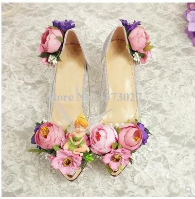 

Wedding Party Dress Shoes Beautiful Pink Flowers Decor Woman silver high heel pointed toe sexy pumps slip-on female single shoes