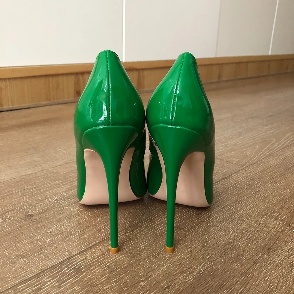 Veowalk Olive Green Women Plain Patent Leather Pointed Toe Stiletto Pumps 8cm 10cm 12cm High Heel Elegant Party Wedding Shoes