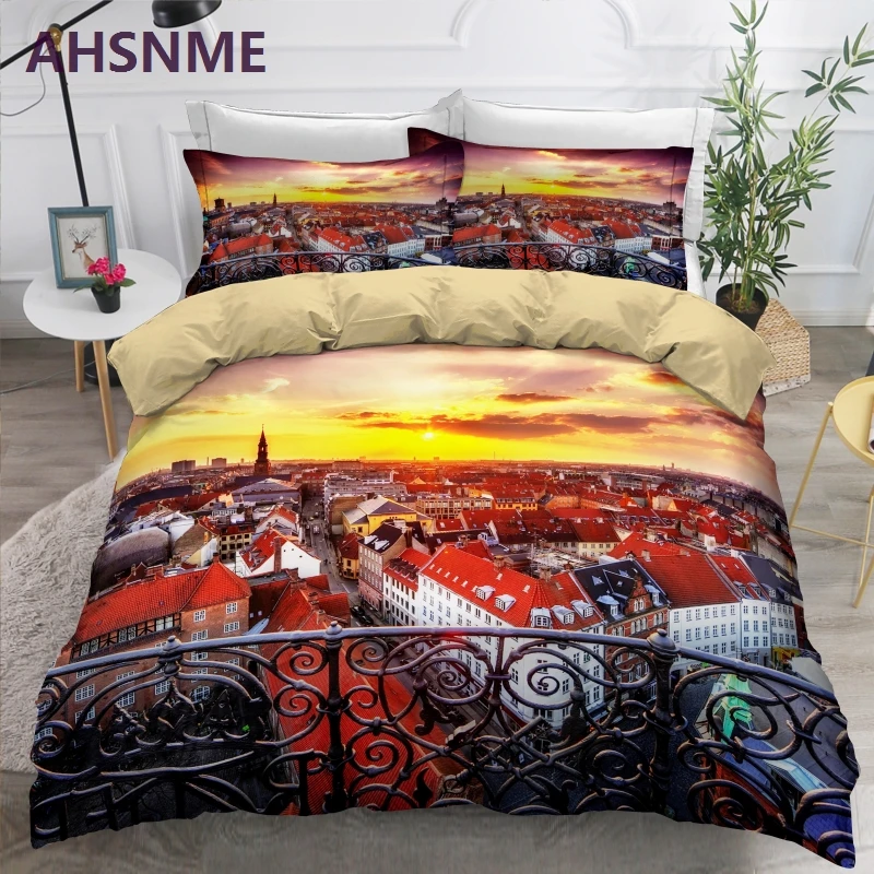 AHSNME European City View Bedding Set Digital Print Duvet Cover Leisure Life King Queen Double Quilt Cover Set