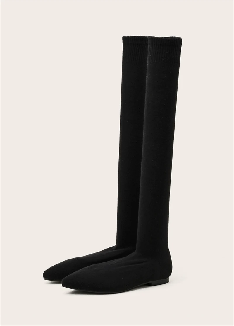 Size 34-40 Fashion Slim Leg Thigh High Sock Boots Women Black Stretch Fabric Pointed Toe Flat Heels Over The Knee Slip On Shoes