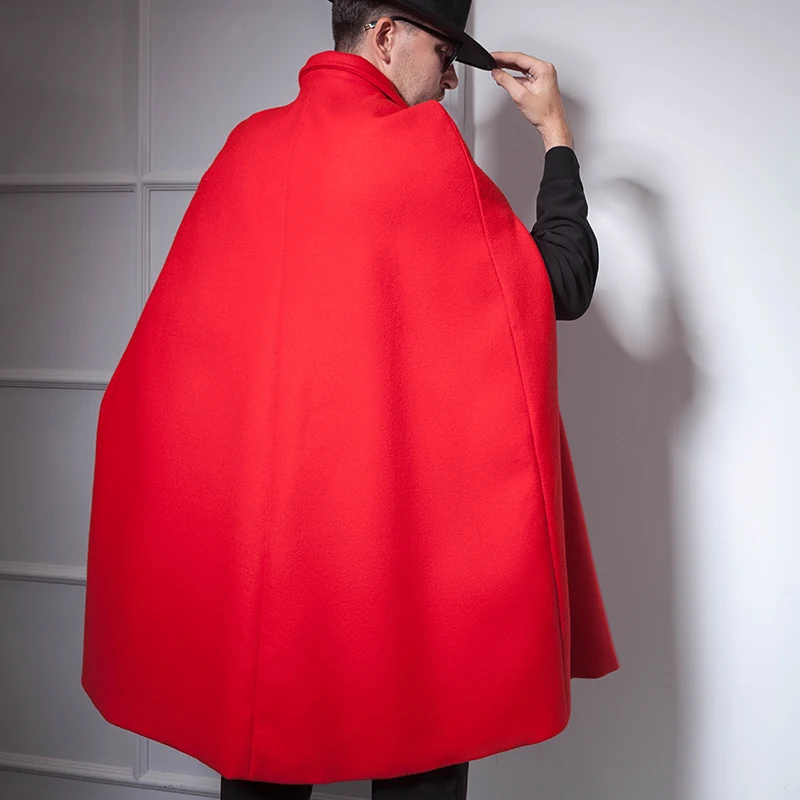 Big red mid-length shawl cape cape European and American male nightclub hip-hop bar host DS woolen coat