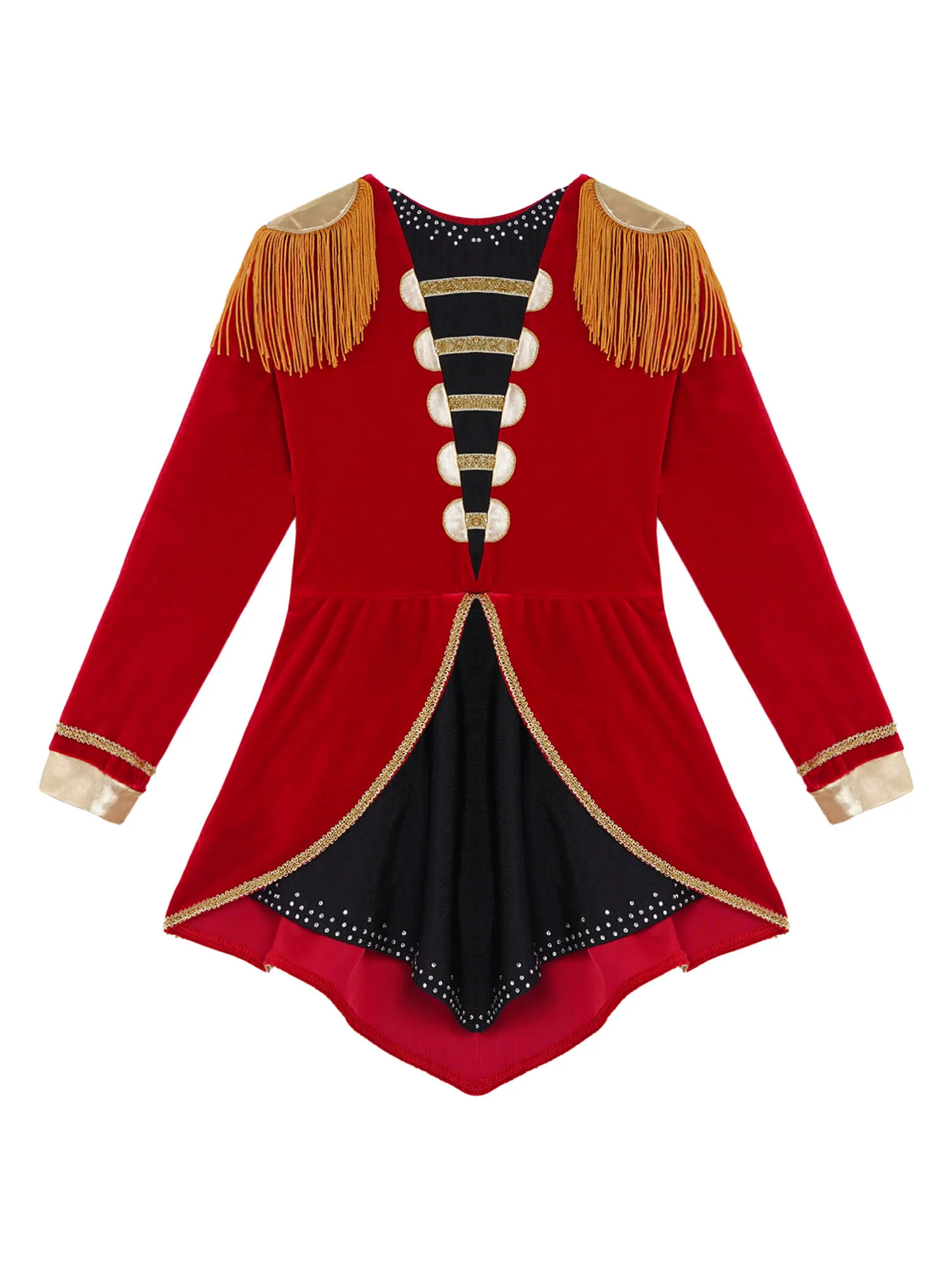 Red Girls Circus Ringmaster Cosplay Costume Long Sleeves Tassels Adorned Dip Hem Jumpsuit Bodysuit Carnival Dress Up Costume