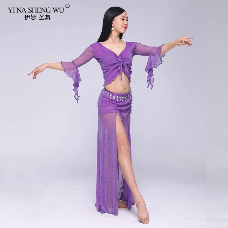 Bụng Nhảy Dance Gợi Cảm Nửa Top + Dài Chia Váy 2 Bộ Phụ Nữ Mới Bellydance Đầm Thực Hành Trang Phục vũ Điệu Mặc