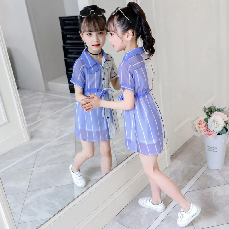 

Girls Summer Dress Striped Blouse Dress For Girl Patchwork Kid Shirt Dress Teenage School Costume For Girls 4 6 8 10 11 12 Years