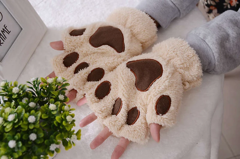 New Women Cute Cat Claw Paw Plush Mittens Warm Soft Plush Short Fingerless Fluffy Bear Cat Gloves Costume Half Finger Party Gift