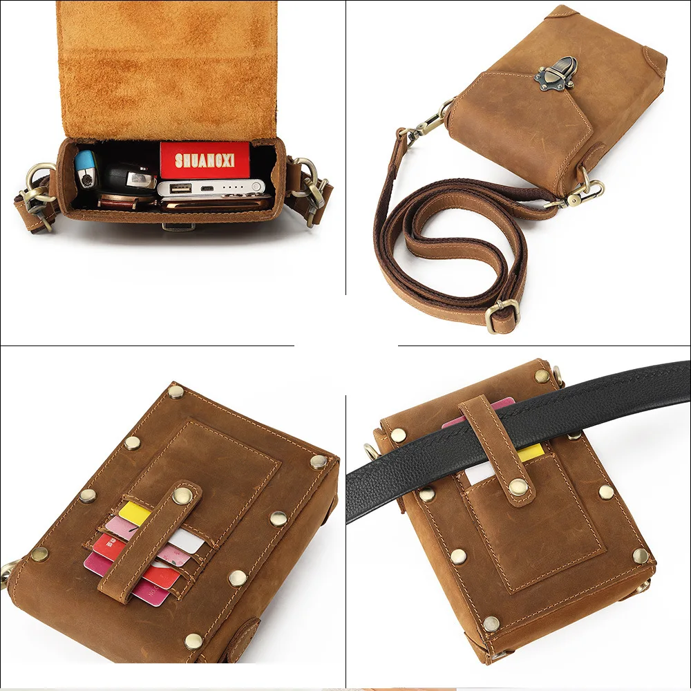 2021 New Men\'s Belt Bag Leather Retro Crazy Horse Cowhide Shoulder Bag Casual Fashion Wear Belt Small Bag