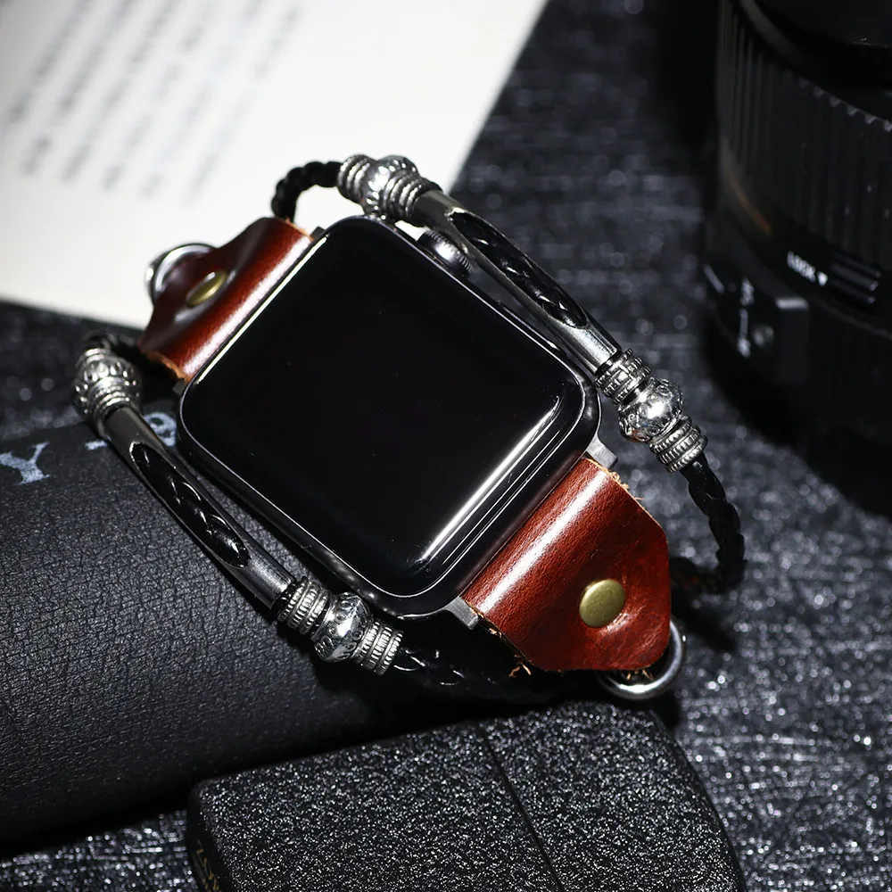 Unusual Trendy Vintage Style Leather Band Bracelet Strap For Apple Watch 7 Band 38mm 40mm 42mm 44mm 45mm iWatch 5 6 7 SE Series