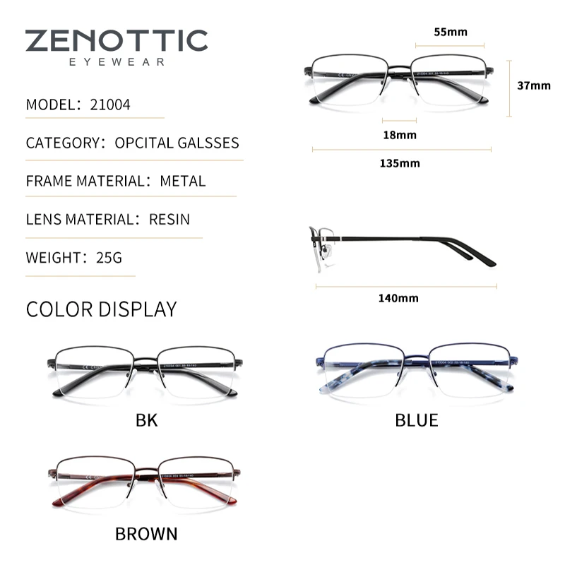 ZENOTTIC Alloy Anti Blue Light Photochromic Prescription Glasses for Men Optical Spectacles Myopia Progressive Eyeglasses