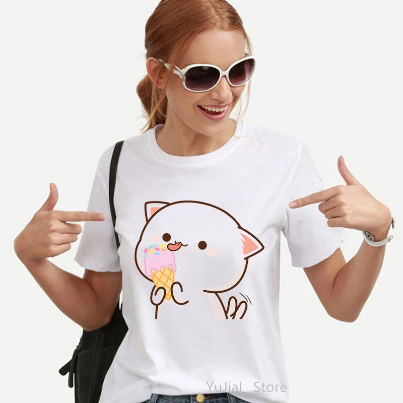 Peach And Goma Mochi Cat Love Ice Cream Cartoon Print Tshirt Women'S Clothing Funny T Shirt Femme Harajuku Kawaii Clothes