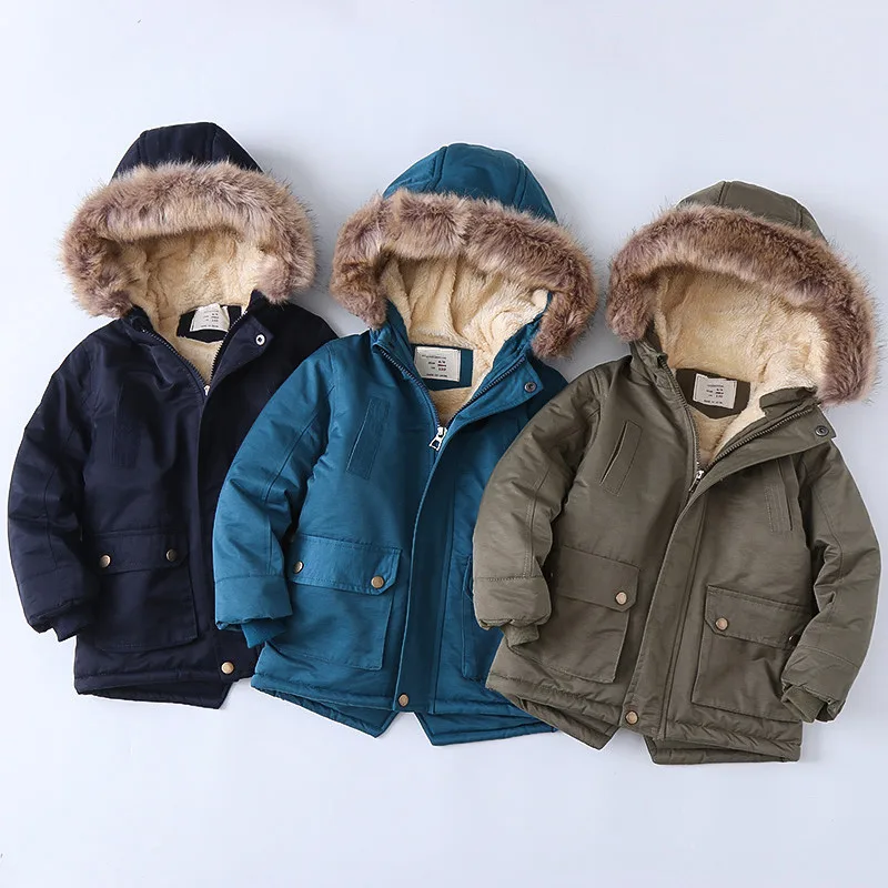 2-14Years Baby Boys Faux Fur Collar Jacket Warm Teen Winter Christmas Jacket for Boys Clothes Thickened Cotton Padded Coat