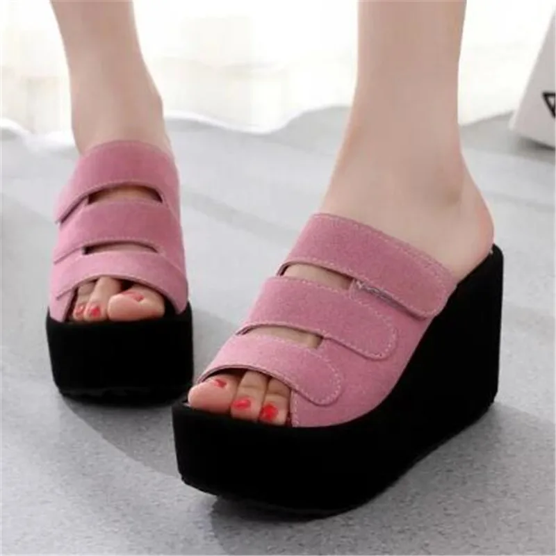 

women sandals Flock Slip On 10CM Wedges High heels Round Toe Shallow women shoes sandalias mujer 2023 size 35-42 black pink