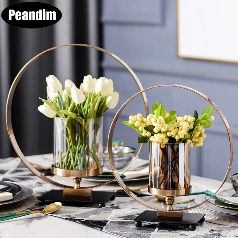 

PEANDIM Creative Glass Candle Holders Nordic Metal Art Glass Flower Vase Home Table Decoration Wedding Party Crafts Vases