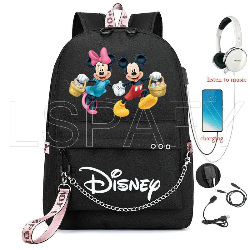 Disney Mickey Mouse plecak z ładowarką USB dziewczęcy tornister mężczyźni kobiety plecak tornister nastolatki codzienny plecak łańcuchowy