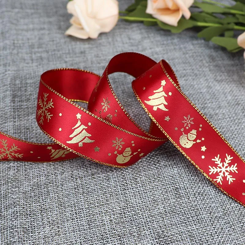 5 Yards/20 Yards 25mm Bronzing Christmas Ribbon Printed Polyester Ribbon For Christmas Decoration Gift Wrapping Sewing Fabric