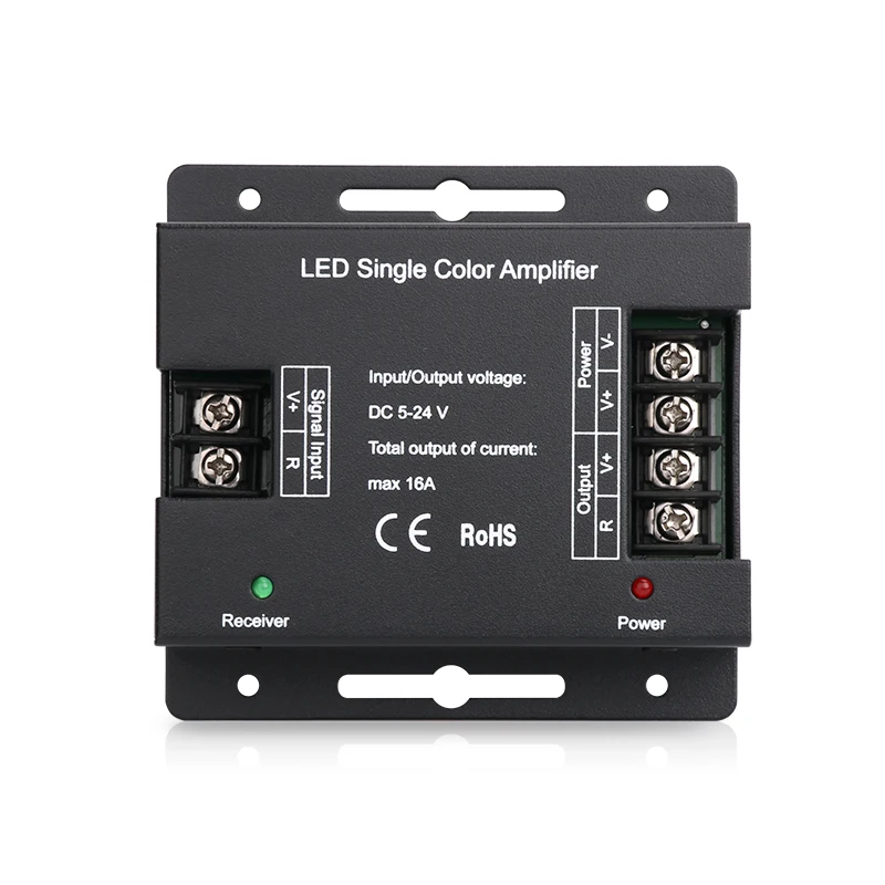 

DC5-24V output 16A single channel amplifier, LED control signal repeater, PWM Dim Controller； For LED Single Color Strip Light