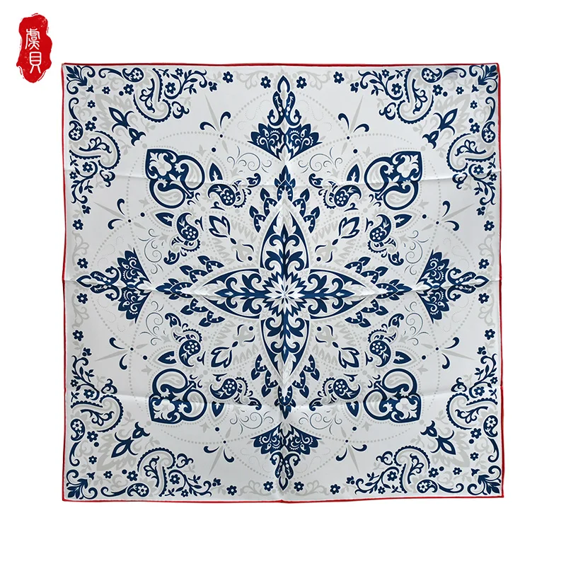 Lenço de seda estilo chinês para mulheres, bandana azul e branca, lenço quadrado médio, envoltório luxuoso no pescoço, xale para senhoras, 65cm