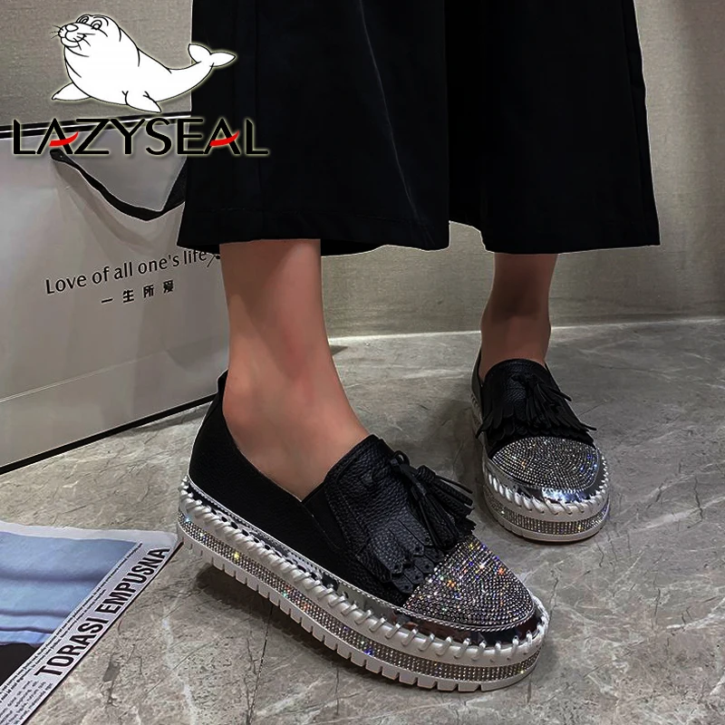 LazySeal 2021 Fringe Loafers Shoes Women Luxury Crystal Slip on Platform Casual Flats Plus Size 43 Flat Heels Sneakers Mujer