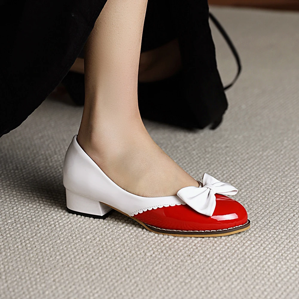 Ballet Low Heels Shoes Woman Basic 2023 Two Color Splicing Round Toe Leather Bow Classic Patent Leather Shoes Women Shoes Pumps