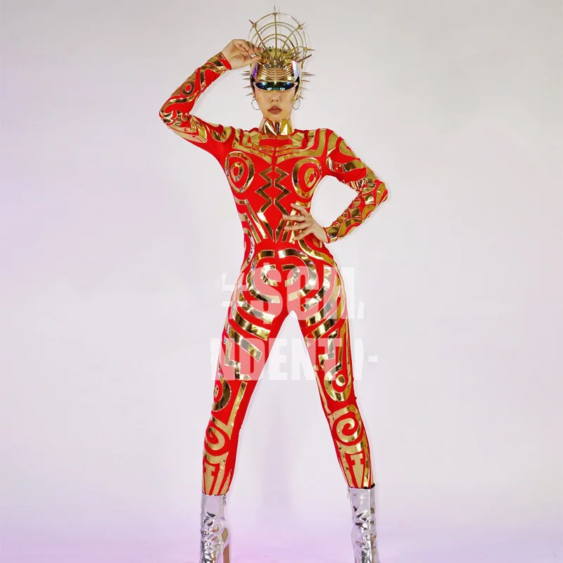 New Bar DJ DS Stage Performance Costumes Female Singer Long Sleeve Red And Gold Jumpsuit Men Technology Style Bodysuit DWY6192