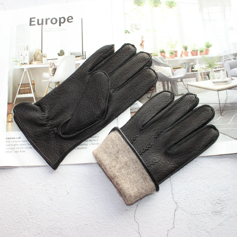 New Deerskin Gloves Men's Leather Outer Stitched Striped Retro Motorcycle Riding Driving Autumn and Winter Wool Knitted Lining