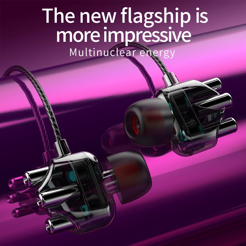 VAORLO 3.5mm In-Ear HIFI Earphone Transparent Quad-core Dual Dynamic Speaker Wired Headphone Sport Gaming Music Earbud Headset