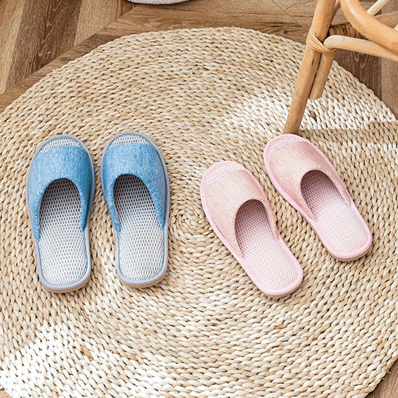 Spring Summer Breathable Indoor Women Cotton Slippers 3D Mesh Ladies Slides Non-slip EVA Sole Light Bedroom Lovers Shoes