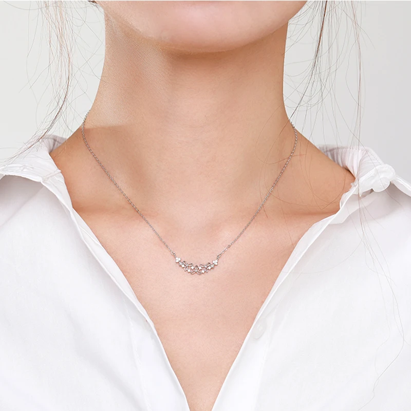 Ailmay Authentic 925 Sterling Silver Shining CZ With Flower Shape Pendant Necklace for Women Wedding Engagement Jewelry Gift