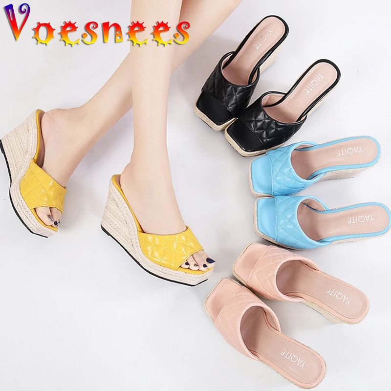 2021 Summer New Vintage Square Head Slippers Hemp Rope Straw Bottom Women's Shoes High Heel Platform Wedges Sandals Big Size 46