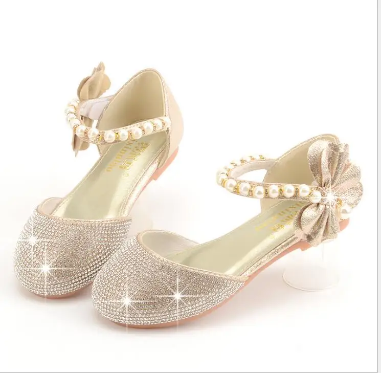 Girls Wedding Shoes Glitter Flat Heels Children Princess Sandals Dance Kids Fashion Party Shoes with Pearl Girls' leather shoes