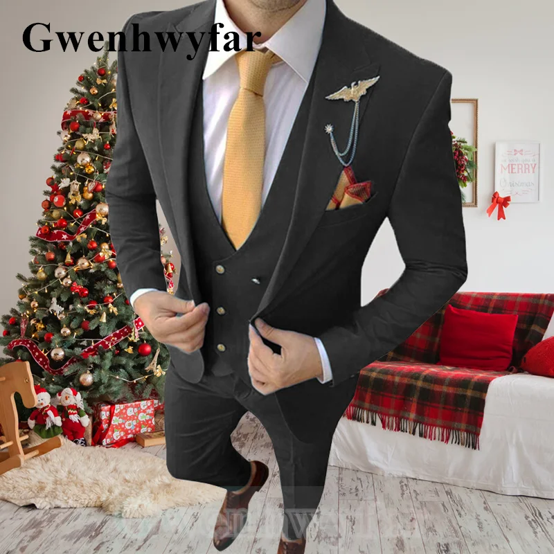 

Gwenhwyfar 2021 New Men's Clothing Black Suit Peak Lapels Wedding Tuxedo Men's Suit Groom Prom Party Suit Jacket 3 Piece Set